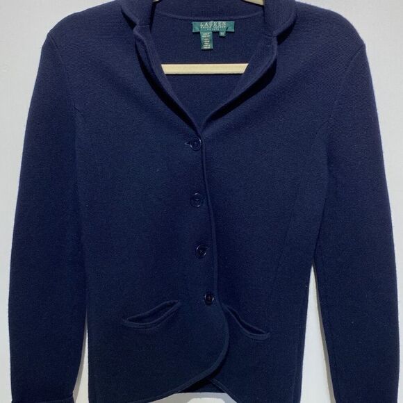 Lauren Ralph Lauren Womens Navy 100% Merino Wool Collared Cardigan Sweater Small - Picture 1 of 10